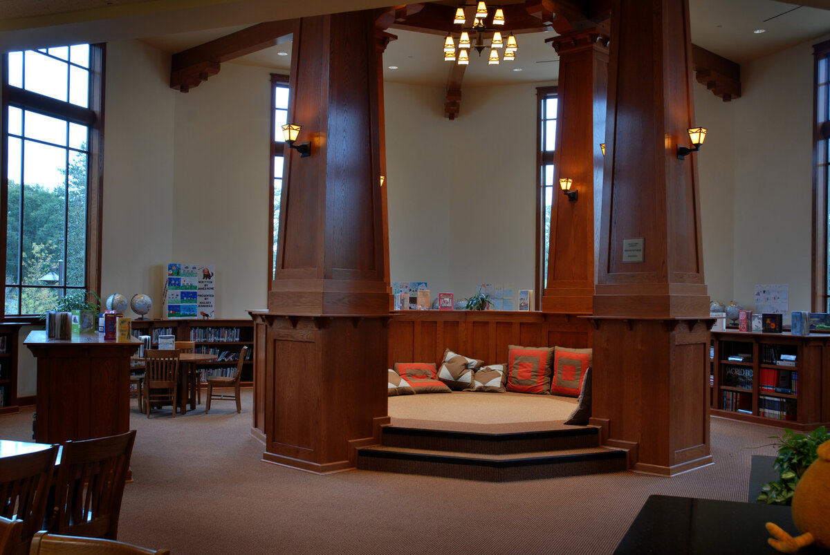 interior view of the library at Schenck School with reading nook