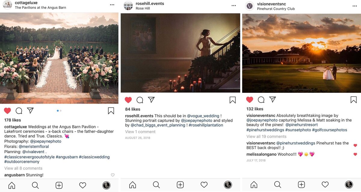 A collage of screenshots from three Instagram feeds.