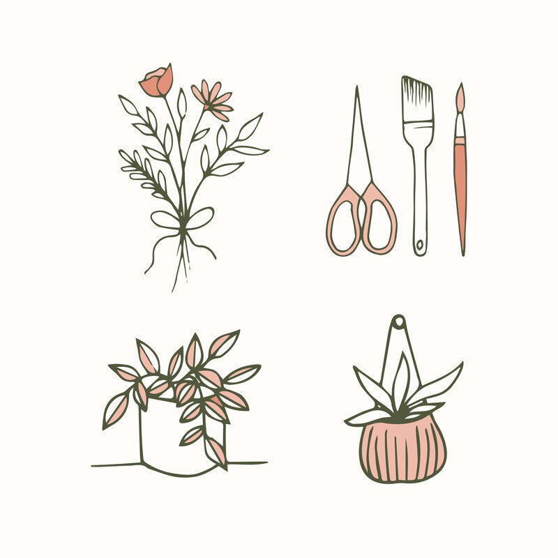 florist icon set in pink and green