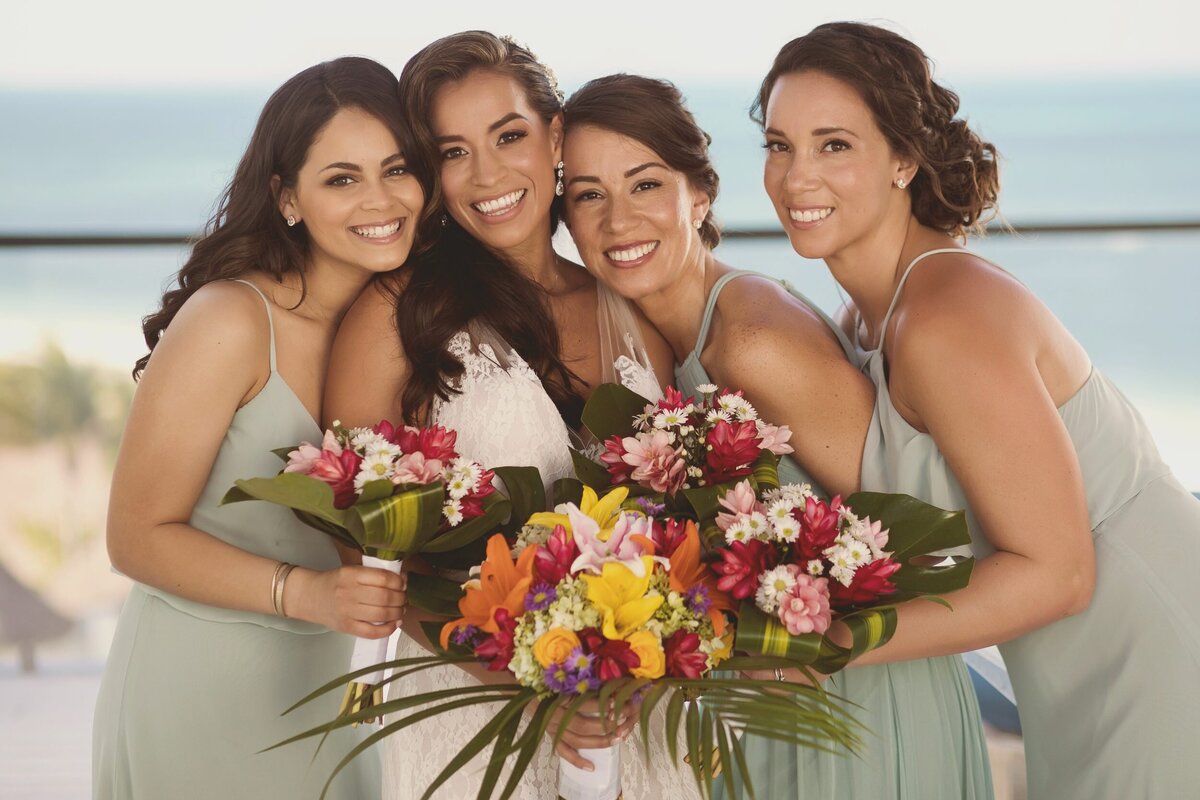 Close up portrait of bridesmaids before wedding in Cancun.