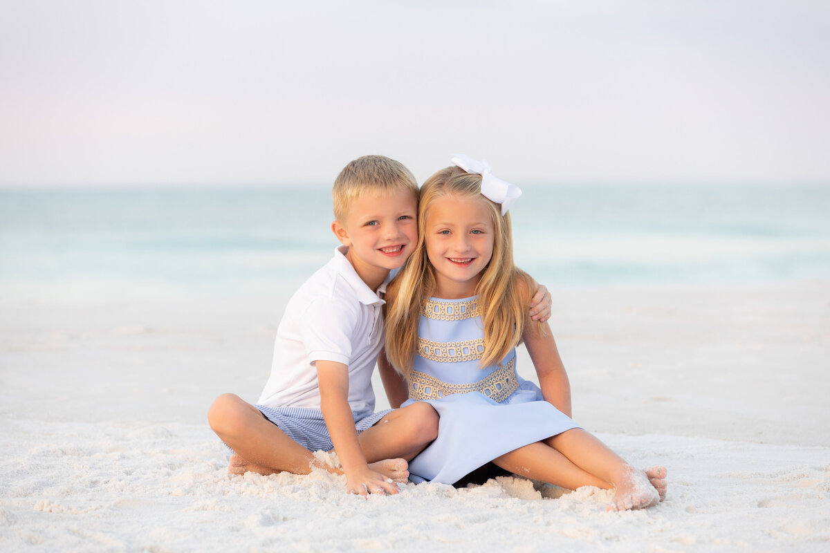 Two kids sitting in the sand at a beach