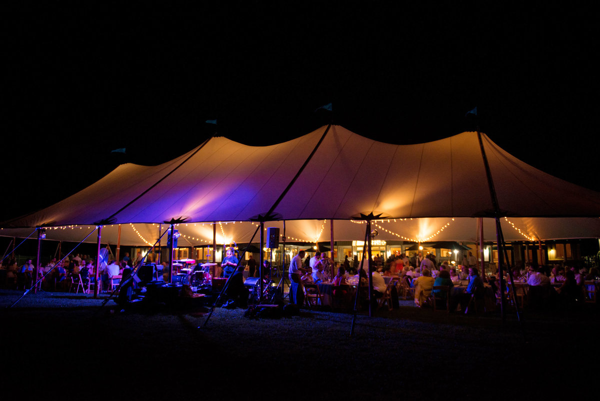Night photo of the tent at Duckwalk Vineyards