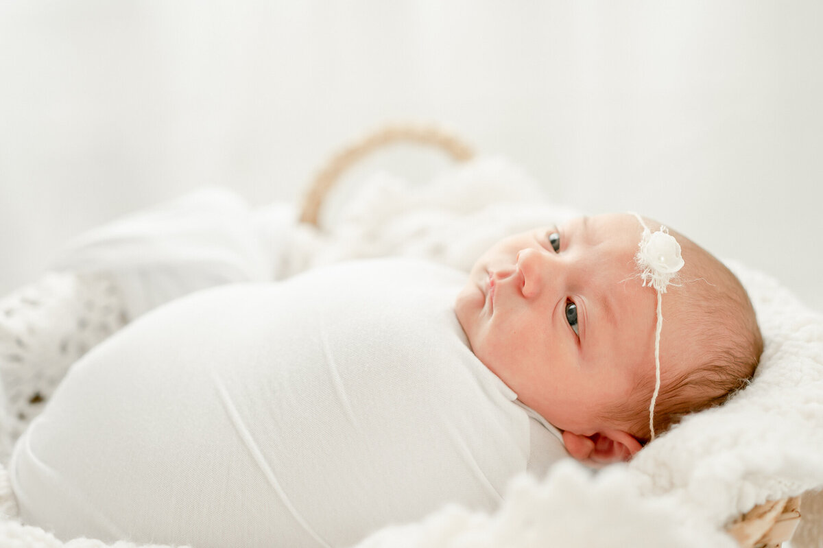 newborn swaddled in white sleeps in a basket In Kristie Lloyd’s Nashville newborn photographer studio
