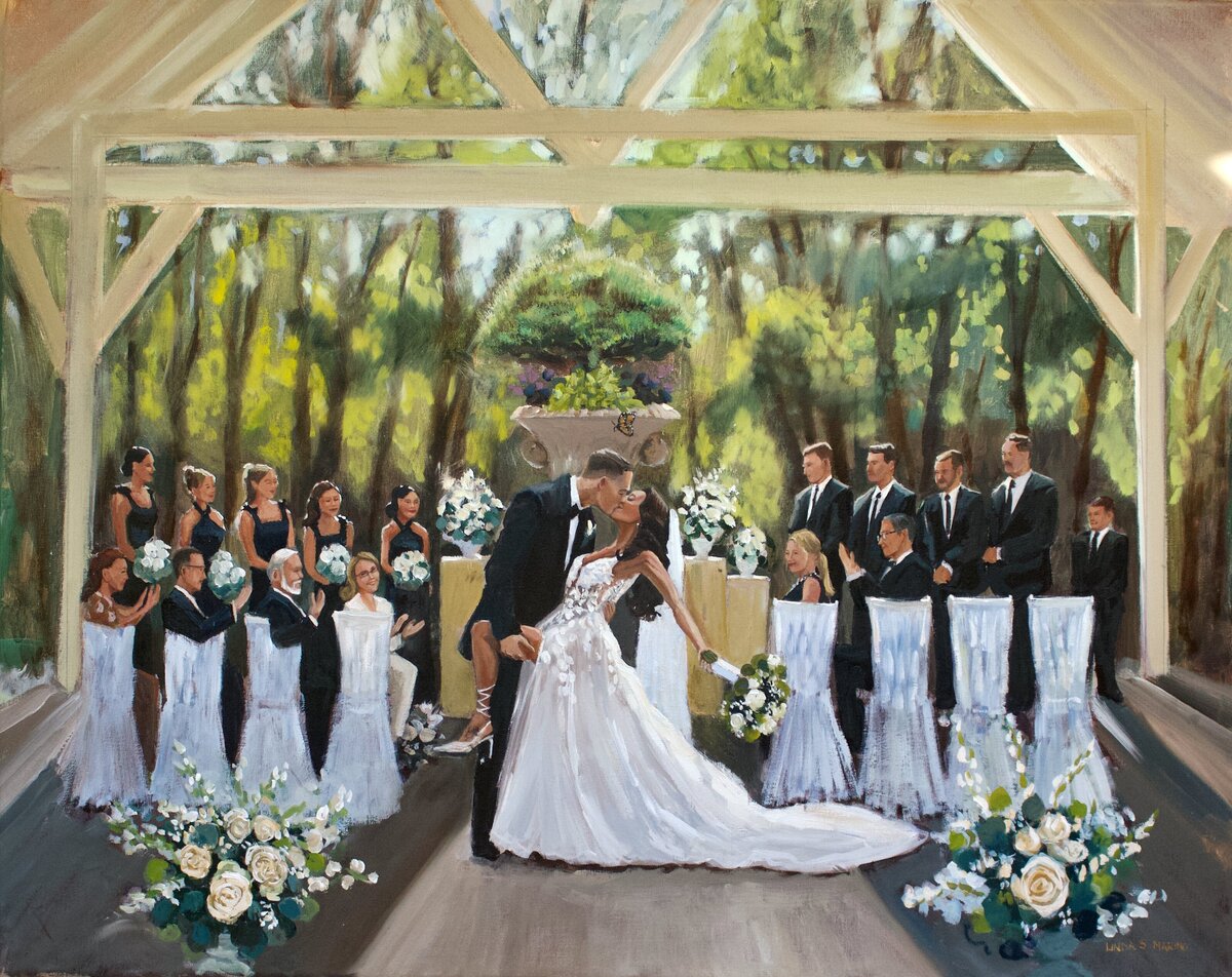 wedding painting of bride and groom kissing at outdoor wedding ceremony with family