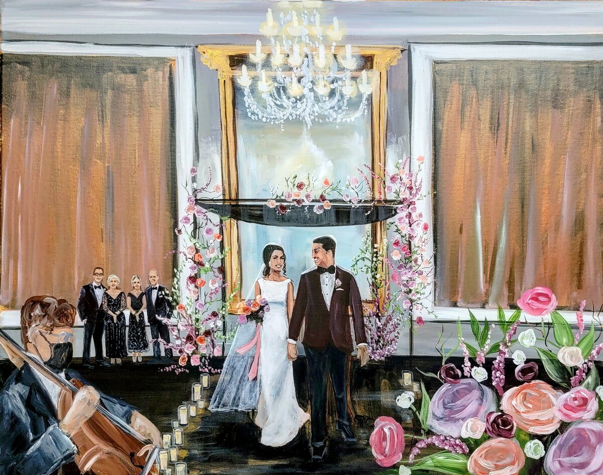 Jewish chuppah live wedding painting at the Belvedere in Baltimore, Maryland. Bride and groom walk up the aisle after being married.
