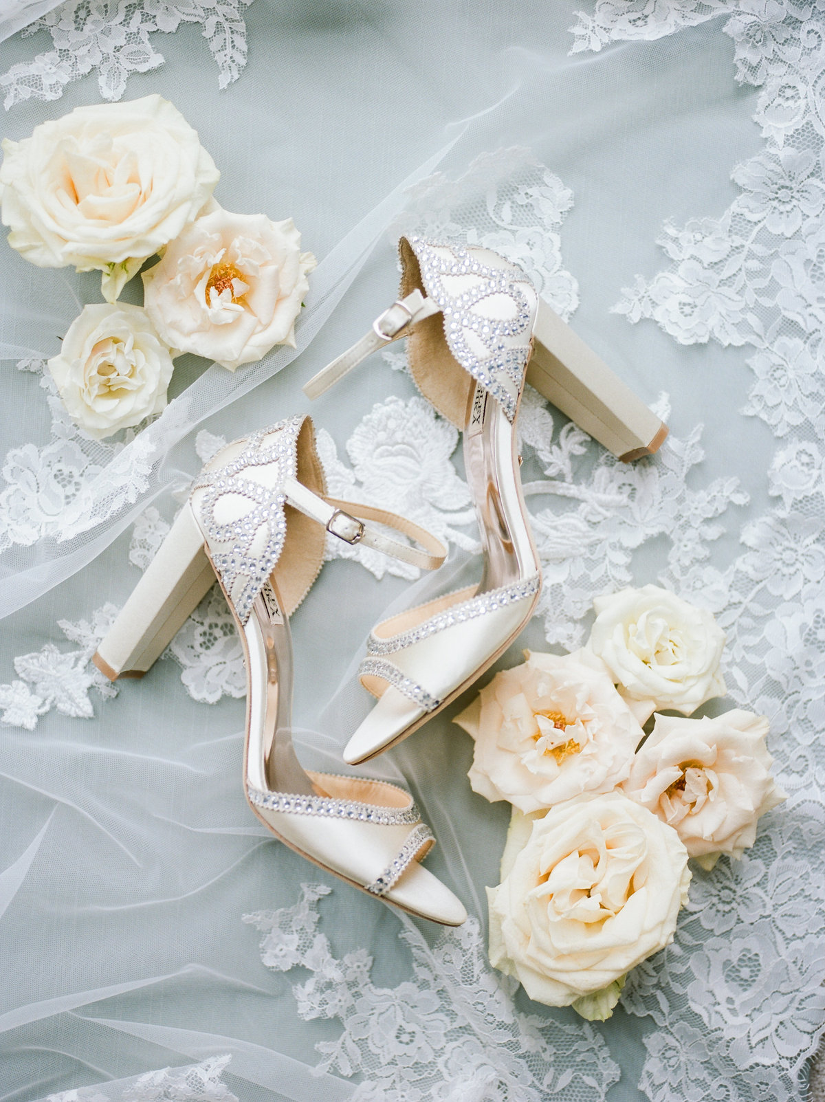 bridal shoes on veil with roses