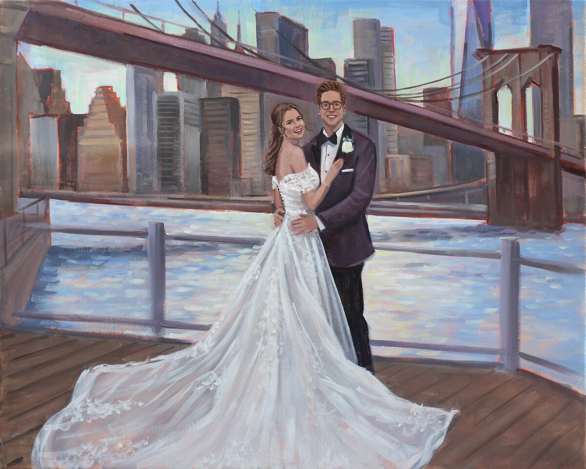 painting of wedding couple under brooklyn bridge