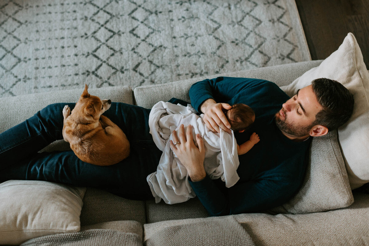 Dad and dog and newborn together on couch in their own home