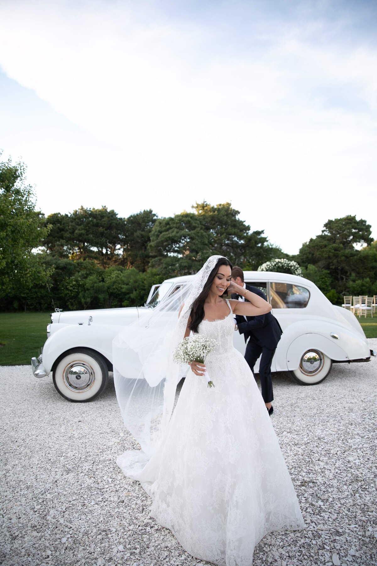 Modern Bride with White Vintage Car 