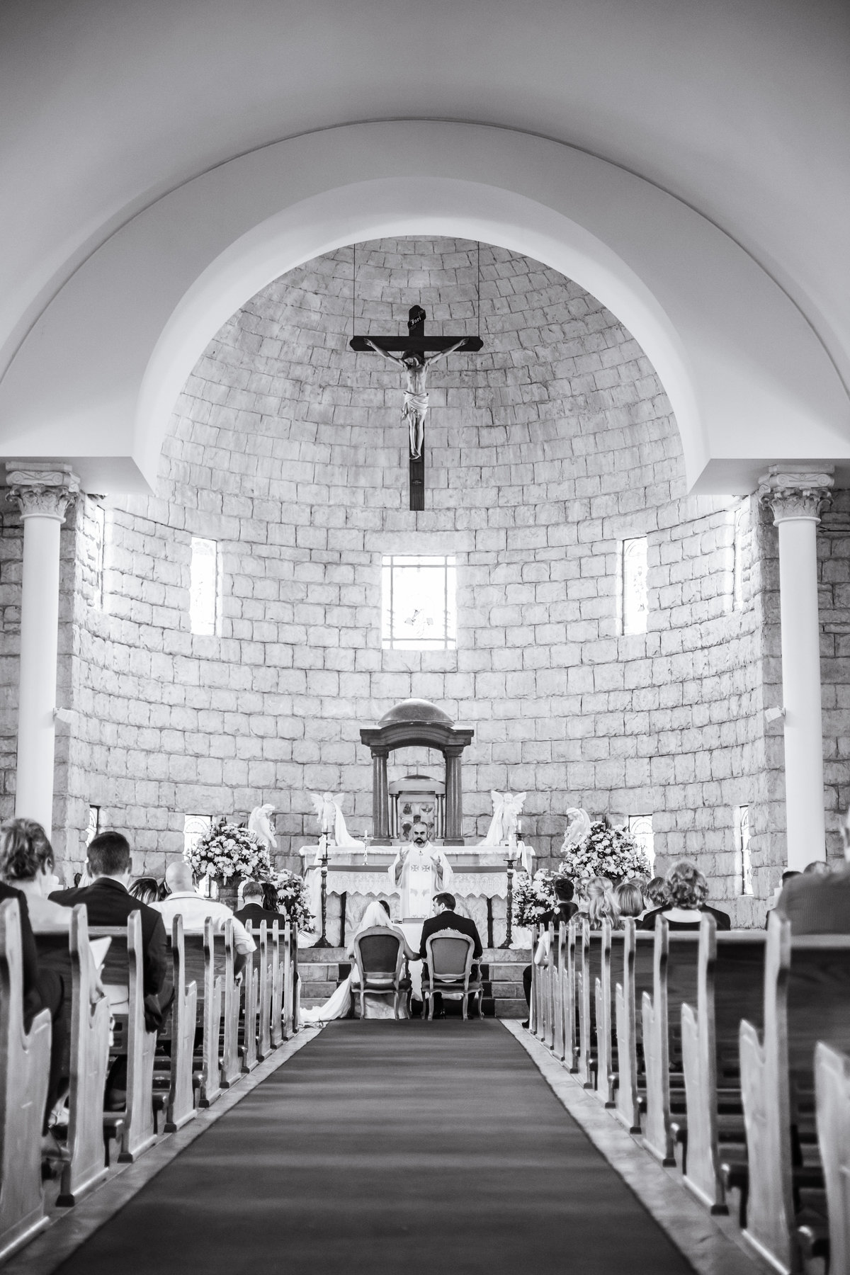 black and white classic catholic church wedding  ceremony