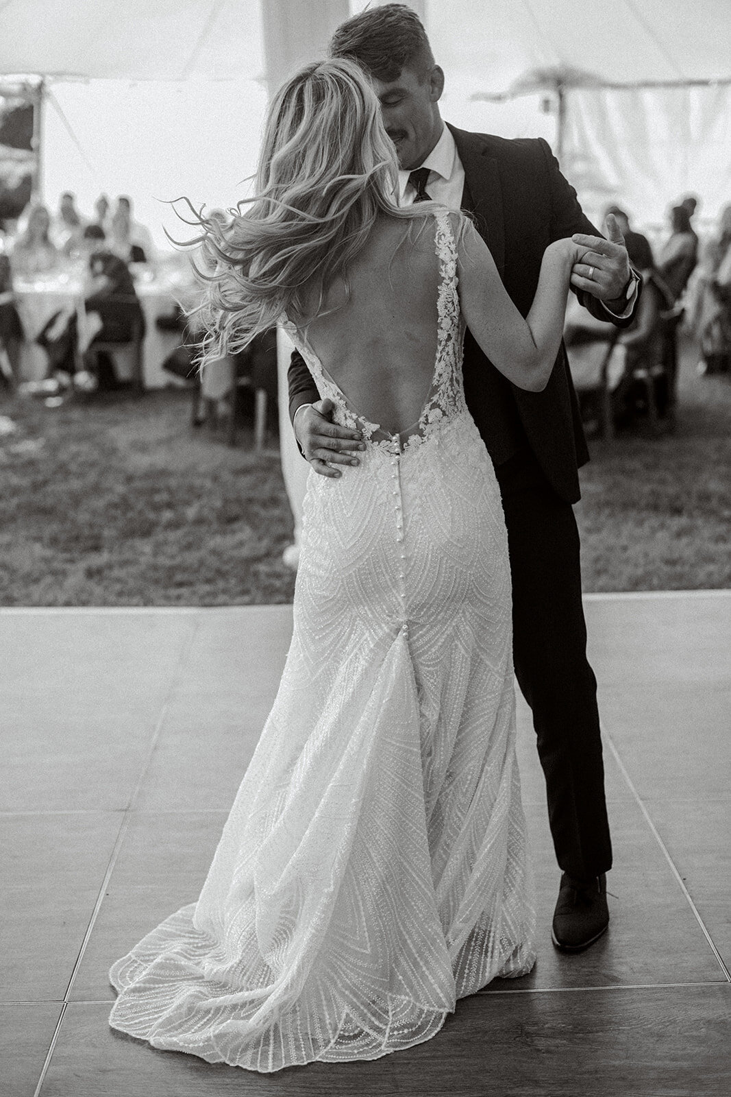 Bride and groom first dance at Dolphin Bay Resort in Pismo Beach, CA
