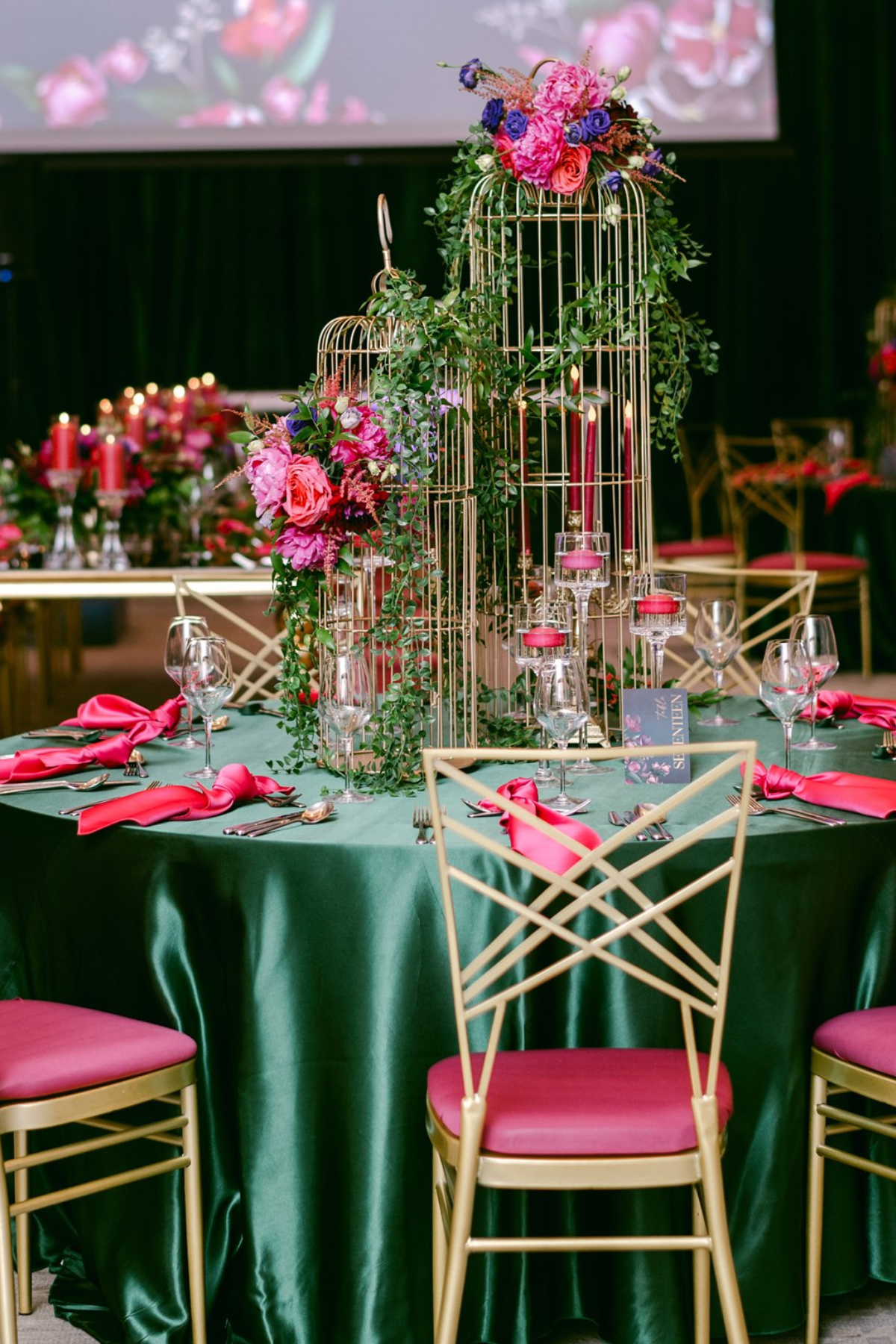 secret-garden-wedding-reception-greenery-pink-purple-gold-chair-birdcage-centerpiece