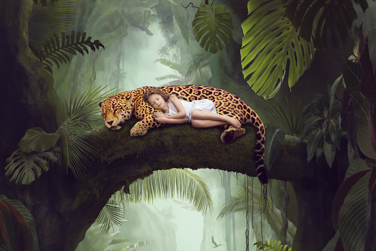 Girl sleeping with a jaguar in the jungle