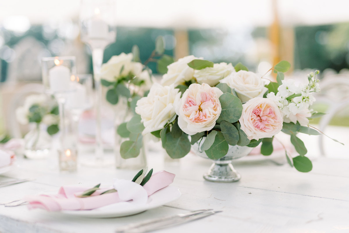 Low Compote Arrangement of Pink Juliet Garden Roses Greenery and White Florals