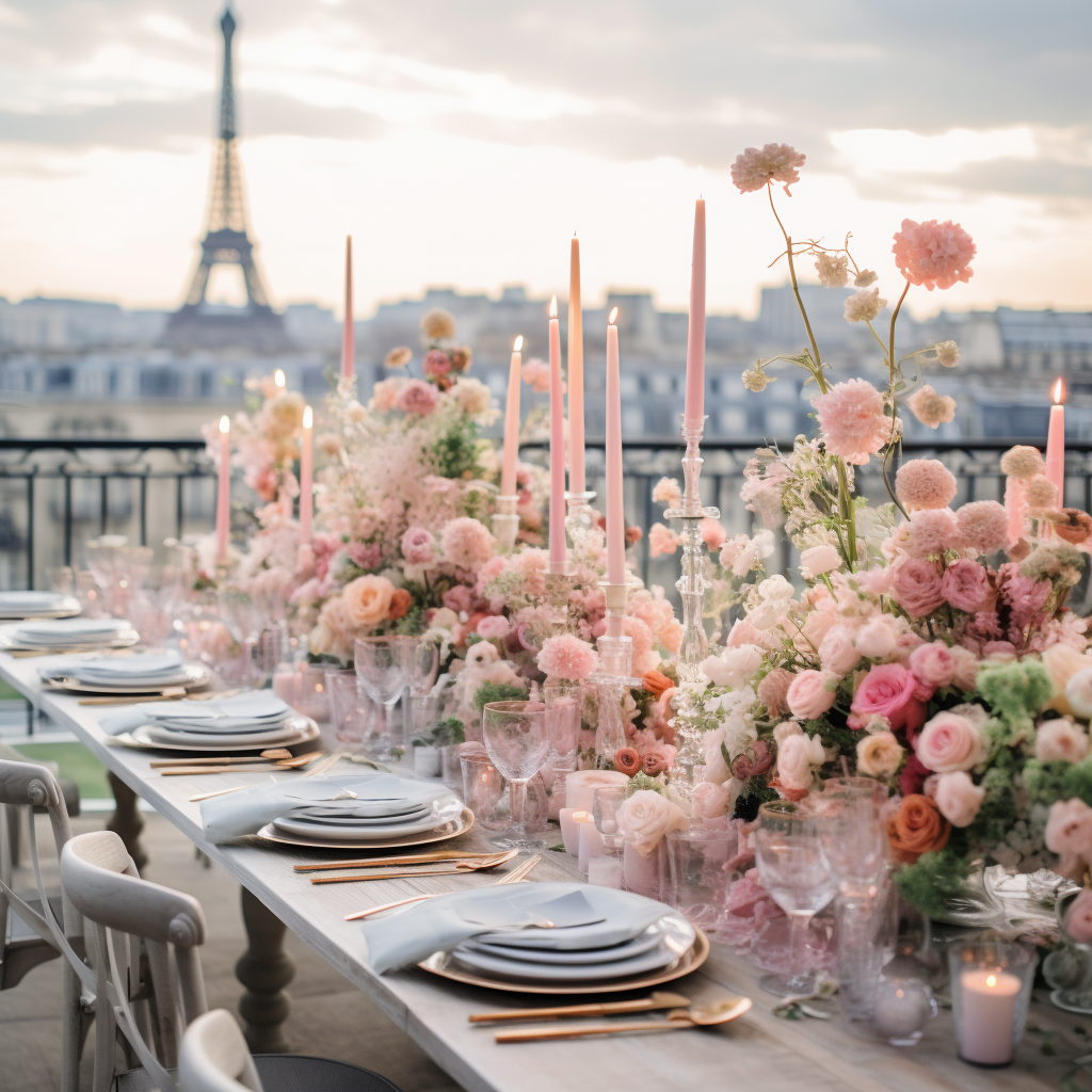 Paris wedding reception tablescape with pink florals and the eiffel tower in the distance