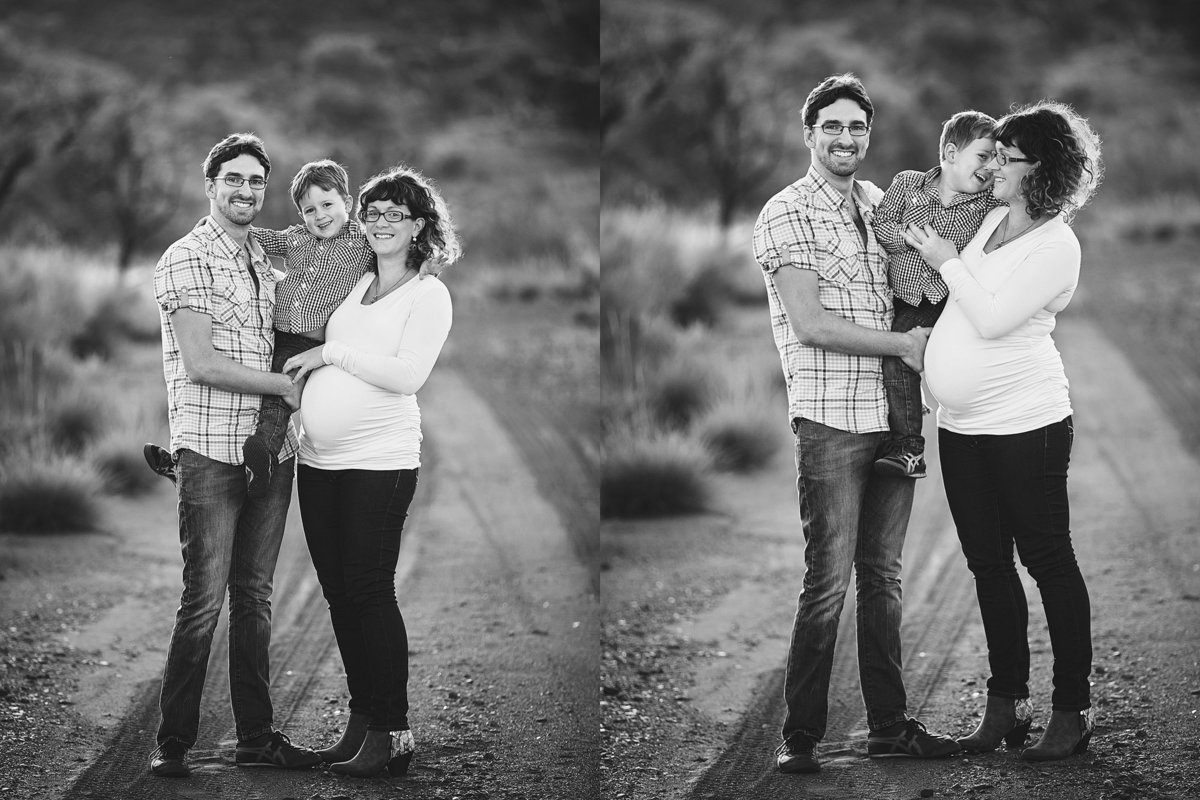 Two photos of a family of 3 with a pregnant mum standing and looking at camera and laughing at each other