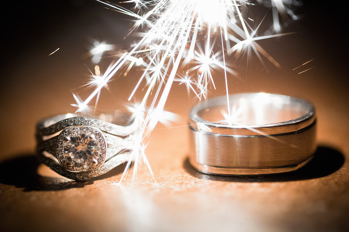 wedding photos rings closeup with sparklers