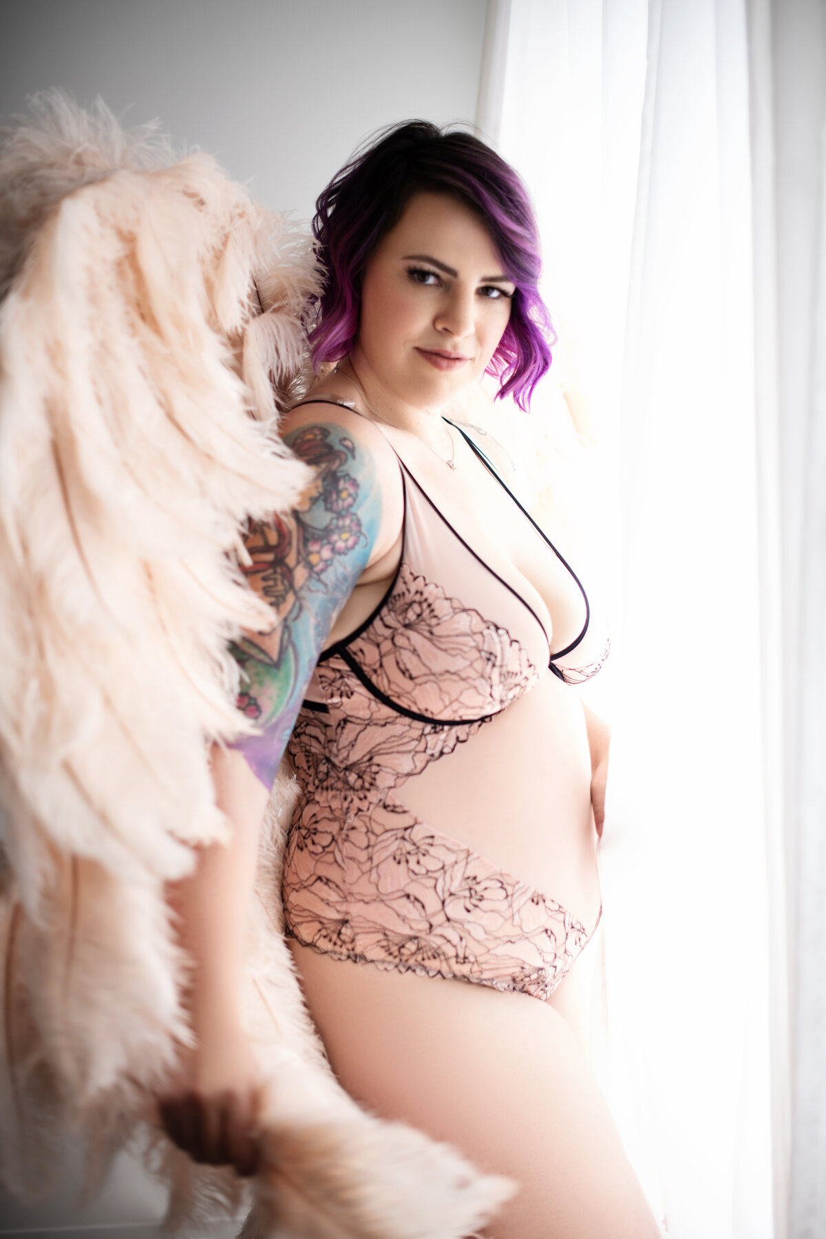 olivia boudoir in pink angel wings and pink and black lingerie