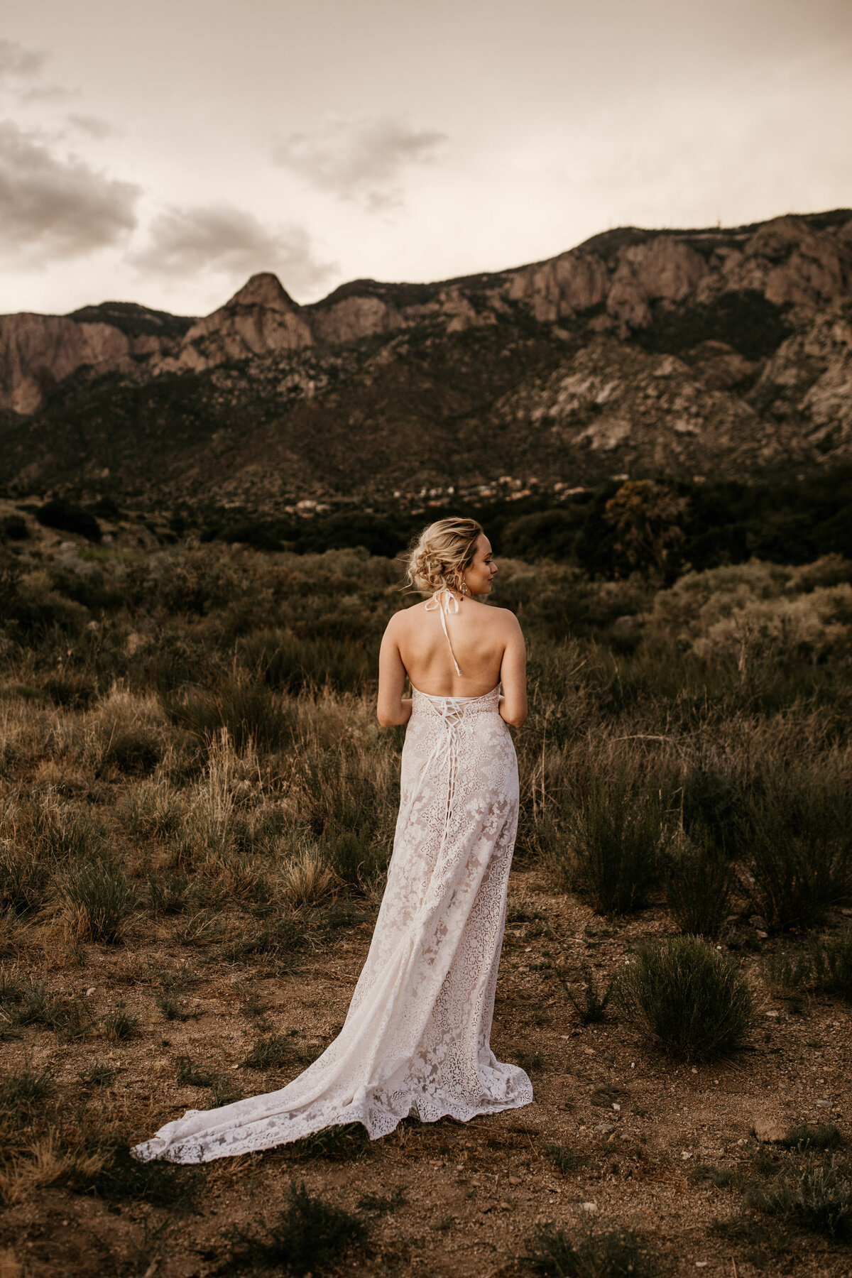 brides back standing in desert looking at mountain