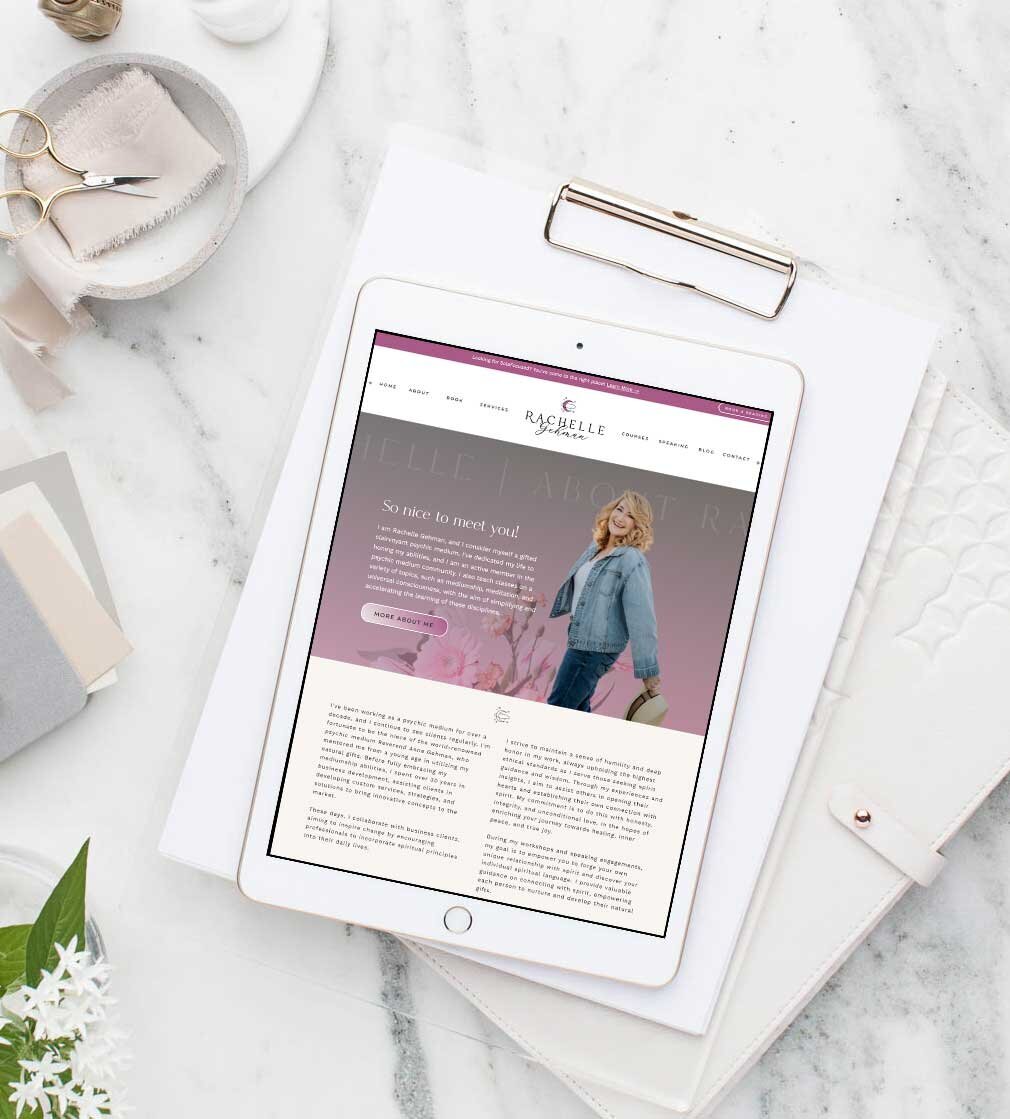 Step into the mystical realm with the ethereal connection project. This captivating project, designed by me, Heather Jones, a Showit Web Designer, complements Rachelle's psychic medium services, creating a seamless blend of spirituality and digital artistry.