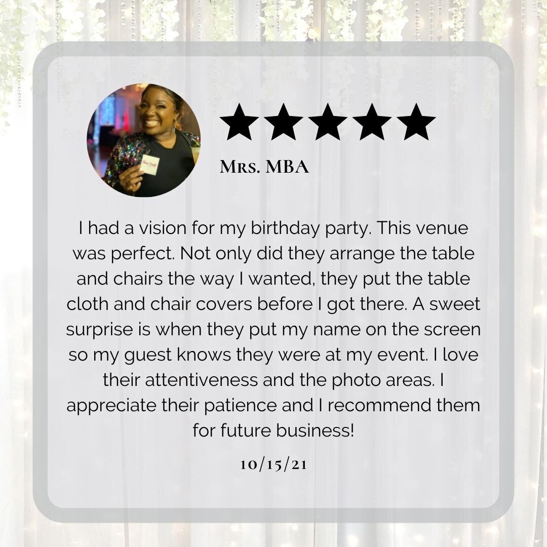 Customer testimonial: Highlighting our ability to bring the client's decor vision to life, meticulous attention to detail, and patient staff at our Clearwater venue