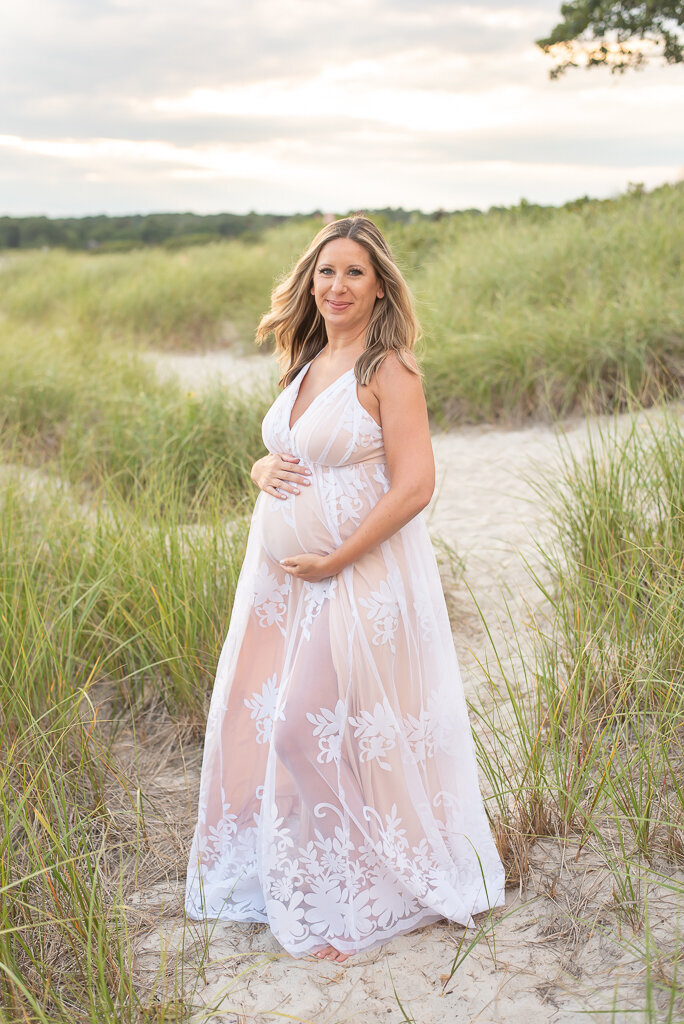 Pregnant mom in dune grass at Harkness Park |Sharon Leger Photography || Canton, CT || Family & Newborn Photographer