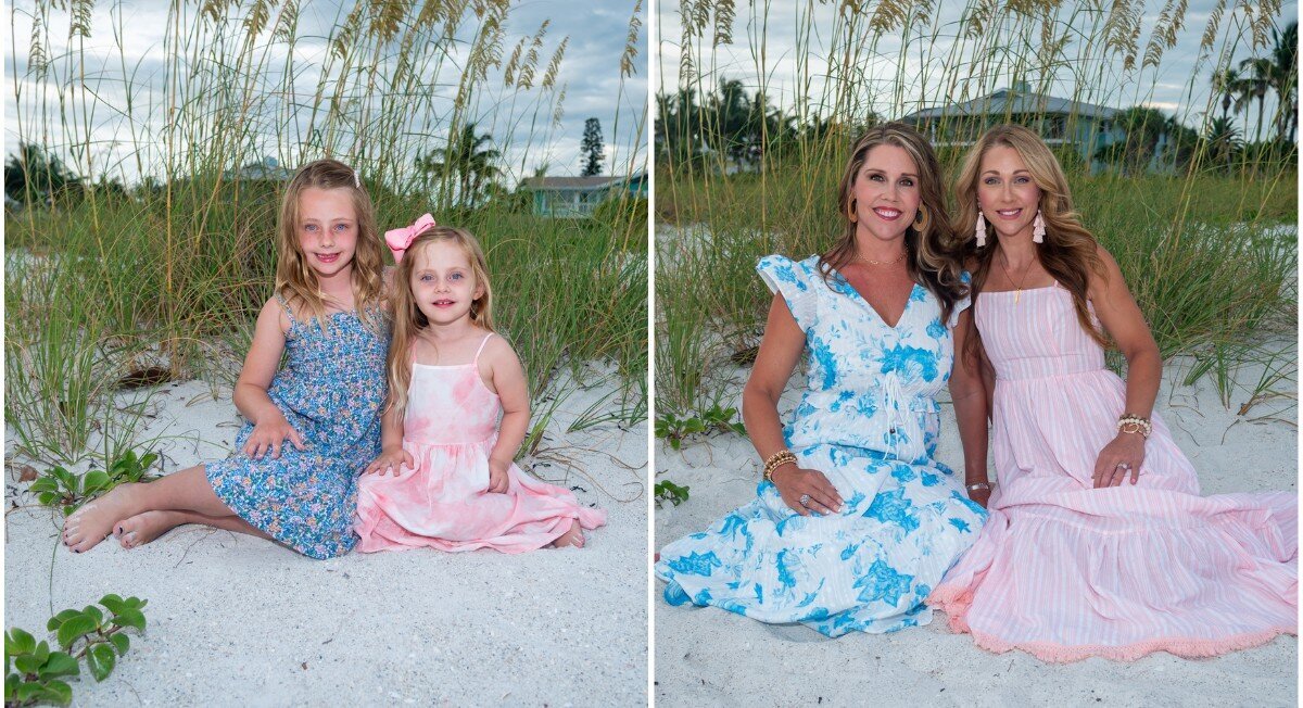 On the left, two young girls sit in the sand in front of tall grasses on the beach for a portrait.  On the right, tow young women sit on the sand in front of tall grasses on the beach for a portrait.