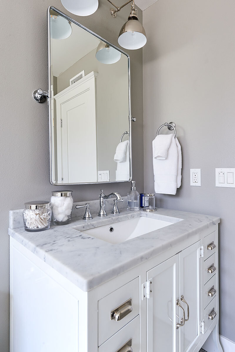 grey bathroom white vanity
