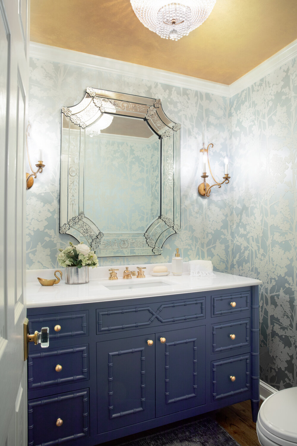 Panageries Residential Interior Design | Vibrant Classic Bungalow Powder Bath Design With Mirror And Glamour Lighting