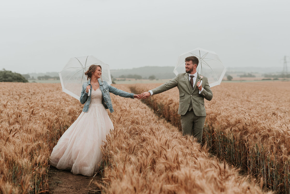 Bride & Groom hold hands holding clear umbrellas in wheat field at their barn wedding at Odo's Barn, Ashford