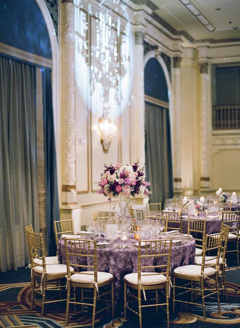 Elegant purple wedding reception at Fairmont Olympic hotel in Seattle.