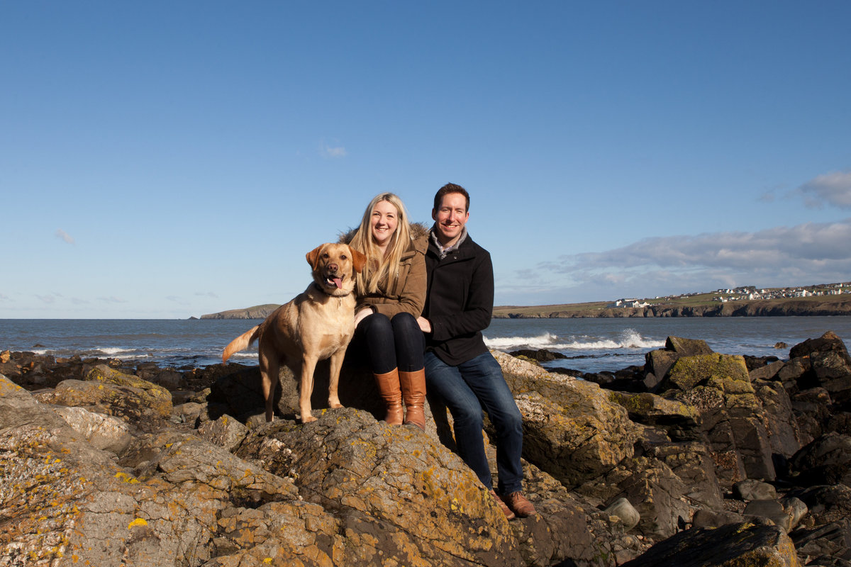 engagement photos with dog, poppit sands beach, poppit dog walk engagement