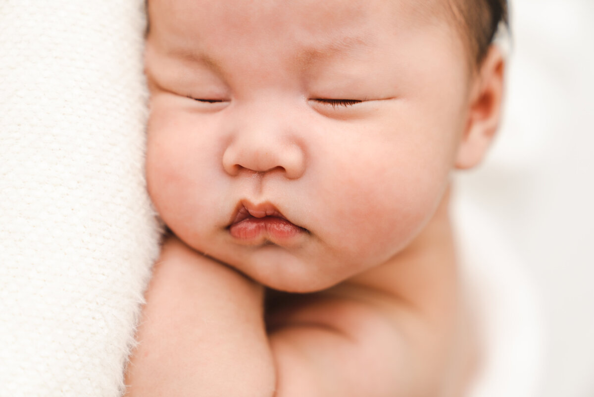 Peaceful slumber: a newborn baby resting serenely with eyes closed and a hint of a smile, taken by Fig and Olive Photography a Twin Cities Newborn Photographer