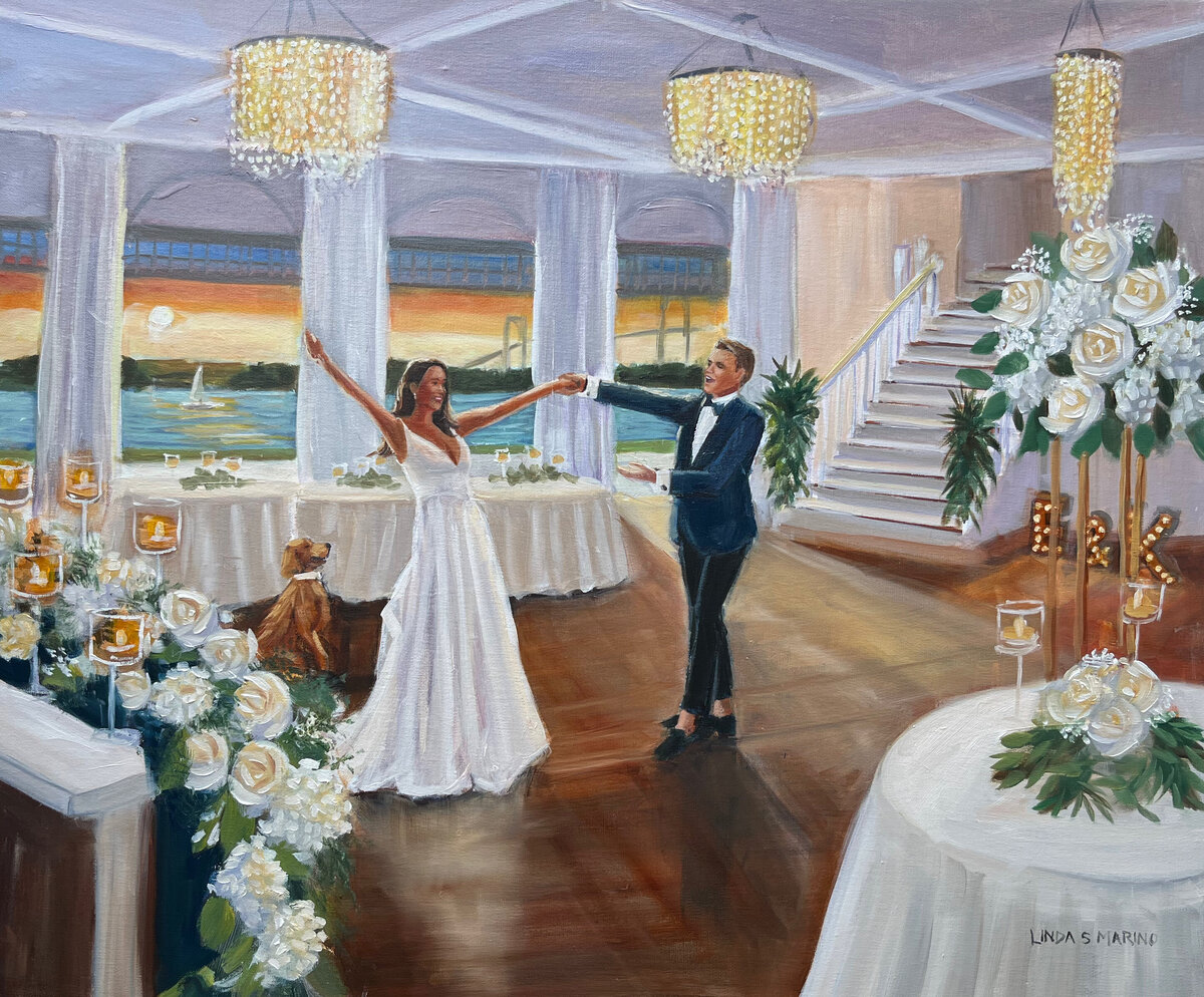 Live wedding painting of bride and groom dance at Belle Mer, Newport RI
