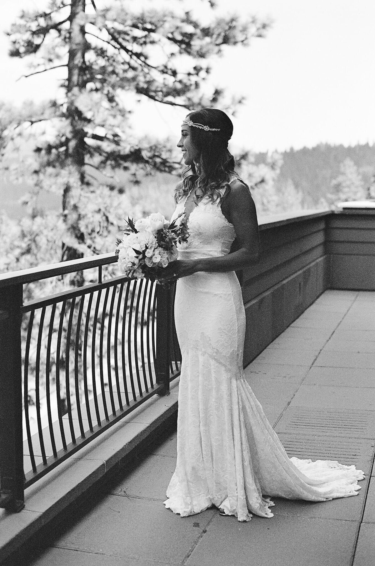 bride at Ritz Tahoe on balcony black and white film