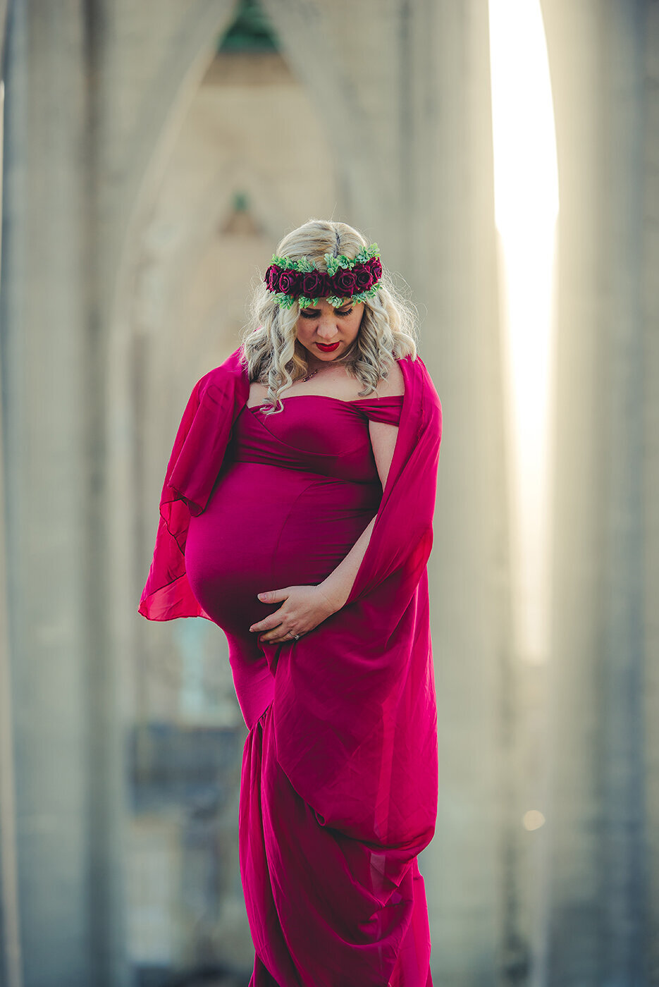 Expectant mother in red dress