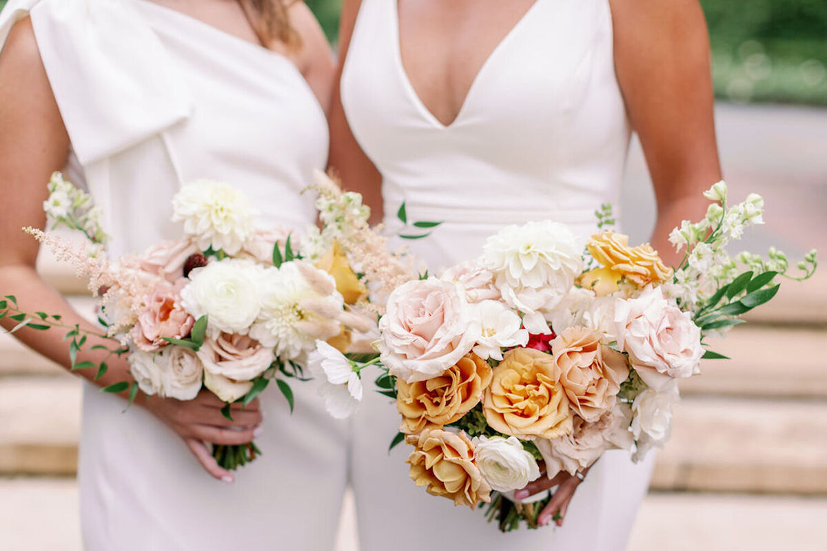 Two Bridal Bouquets High Fashion Wedding at Luxury Chicago North Shore Outdoor Wedding Venue