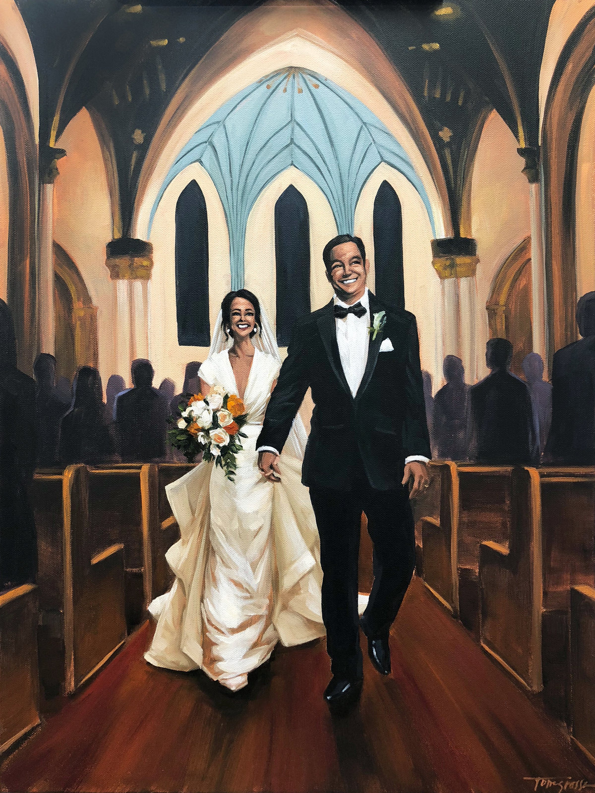 bride and groom walk down aisle church wedding, Wedding Portrait Paintings From Photos