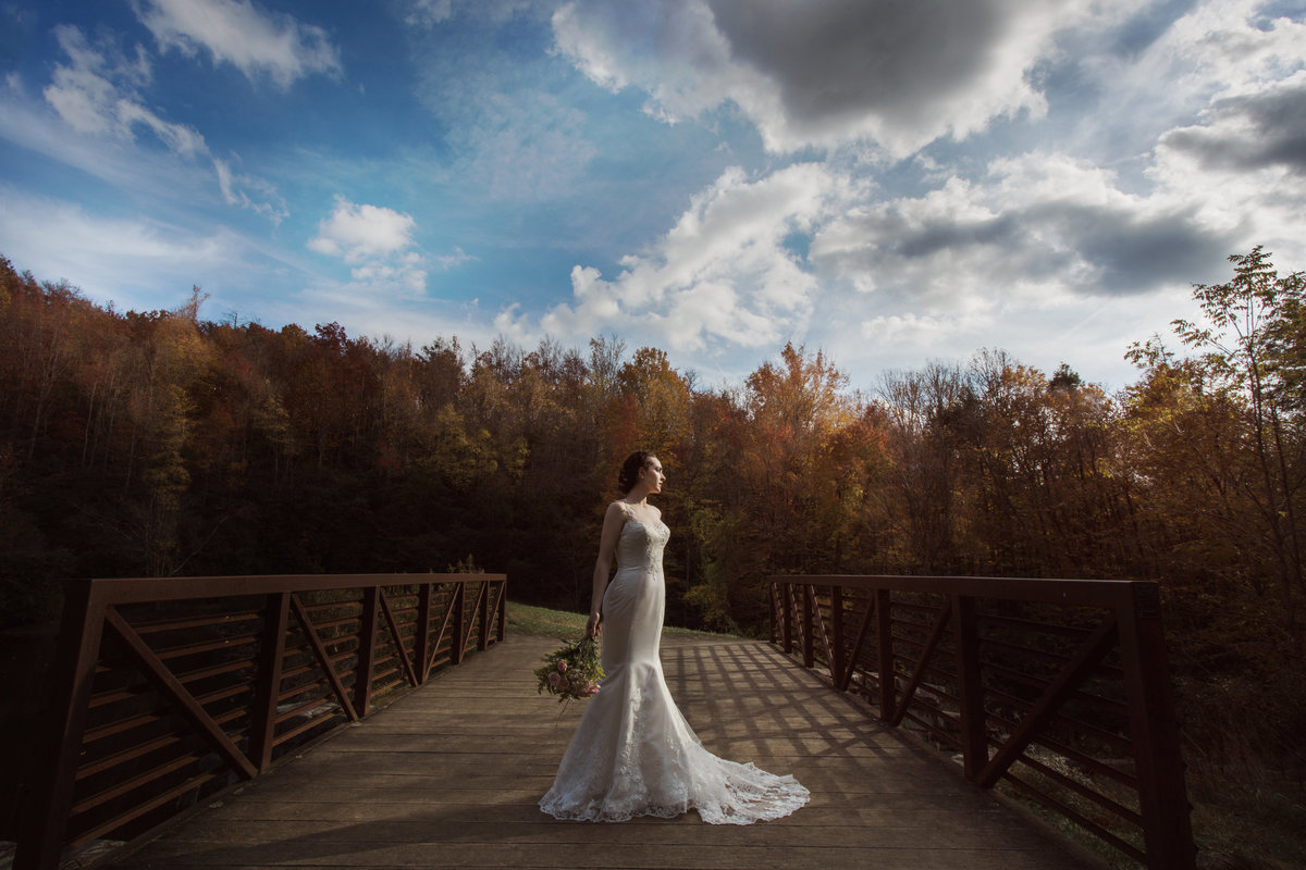 Bride stands in dramatic light during bridal portraits at a Charlotte wedding.