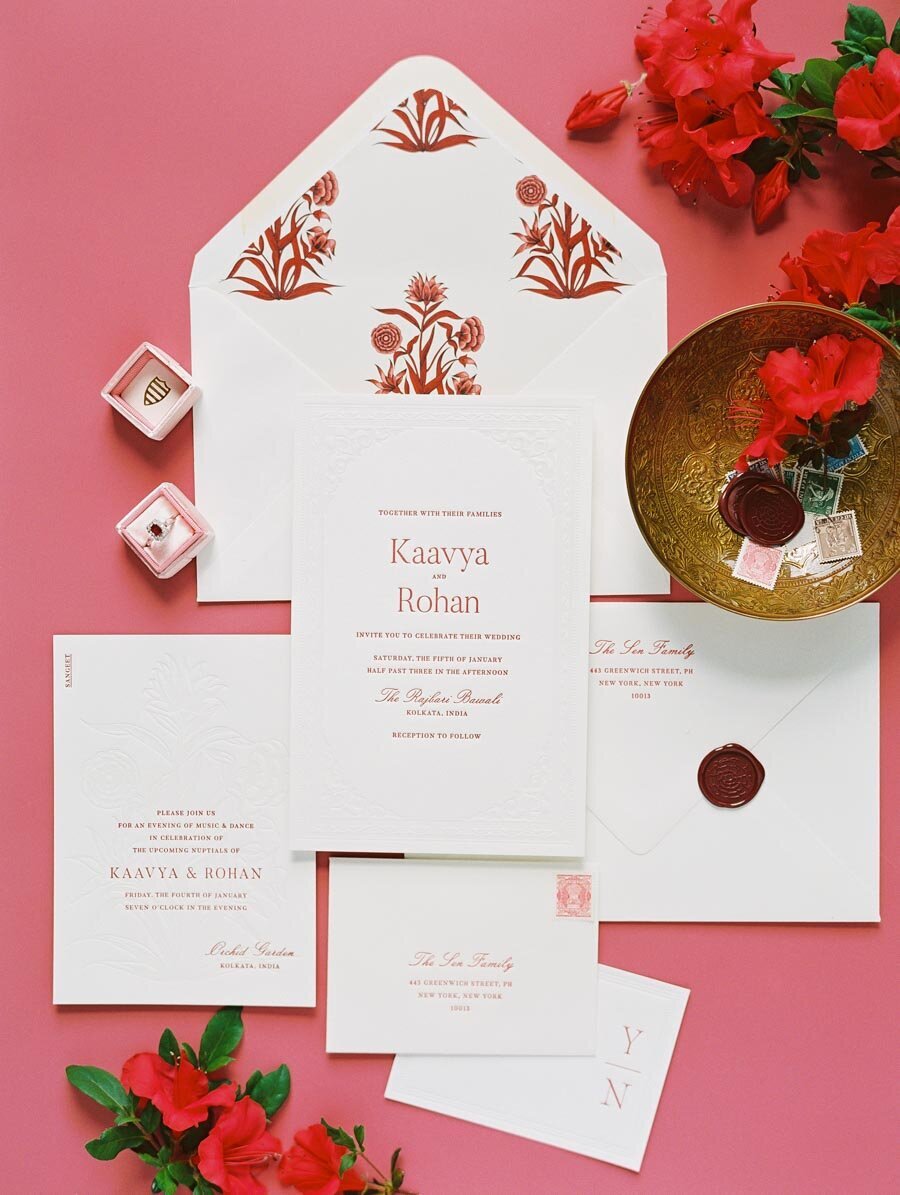 Red and White Letterpress Indian Wedding Invitation Niru & Baku Bonnie Sen Photography