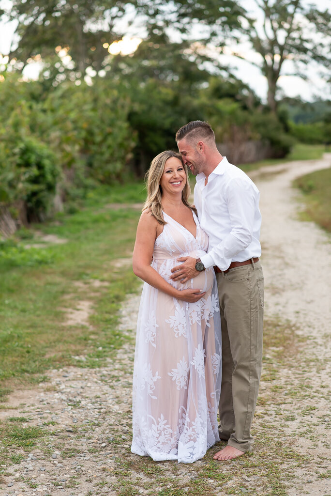 Pregnant mom at maternity session in white dress at beach |Sharon Leger Photography || Canton, CT || Family & Newborn Photographer