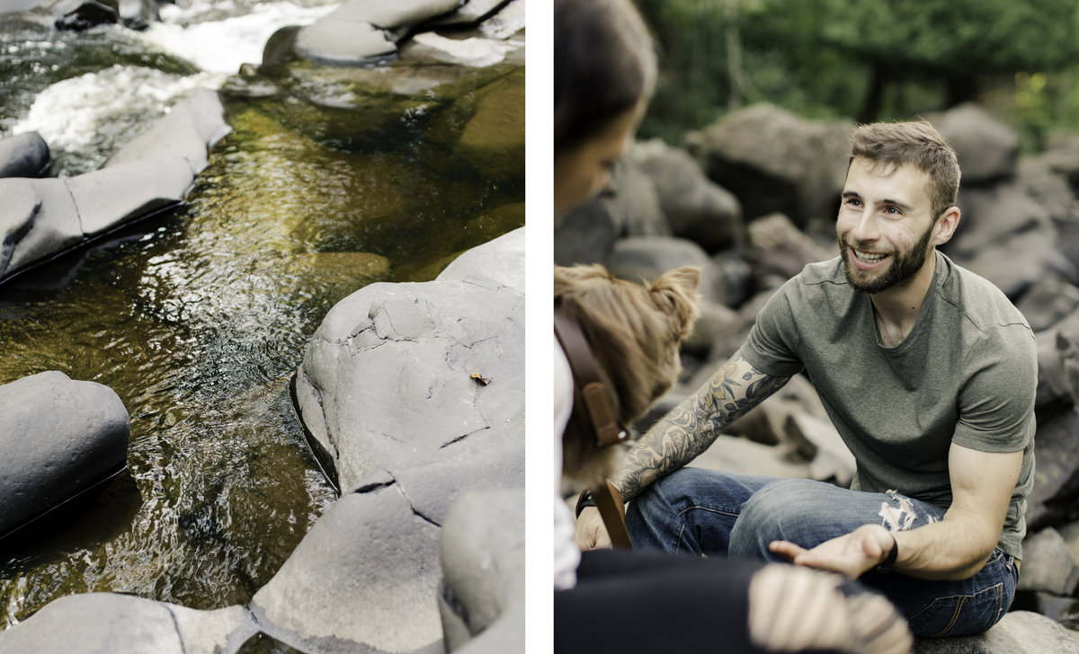 two images of landscape around boulders and the rusted river and of fiance looking lovingly at his family