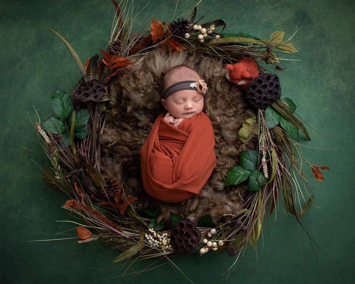 Newborn wrapped in Red nature -inspired background
