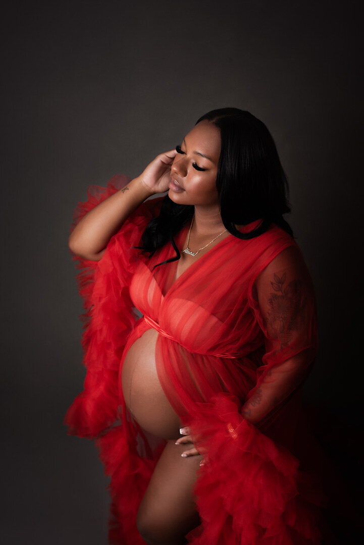 Studio Maternity Photography Red Dress by For The Love Of Photography