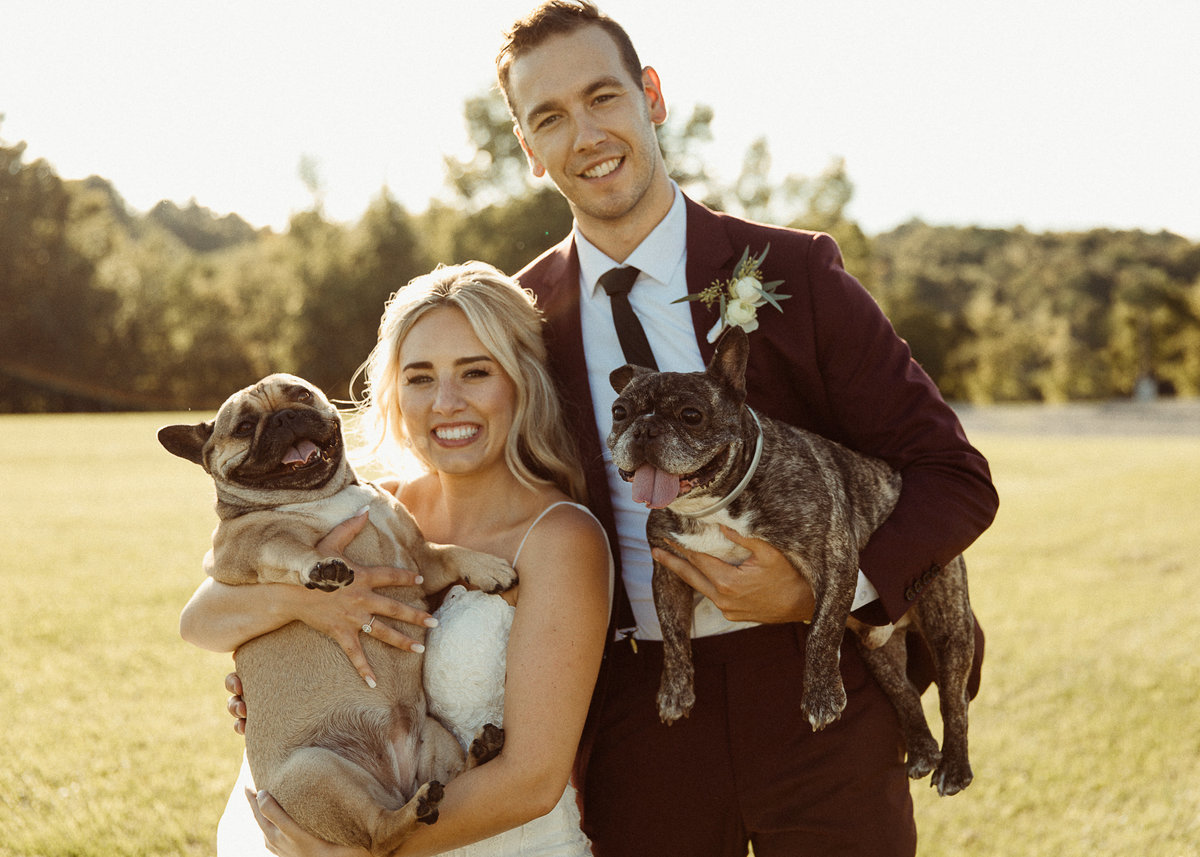 bride and groom holding their dogs on their wedding day at Hayloft on the Arch
