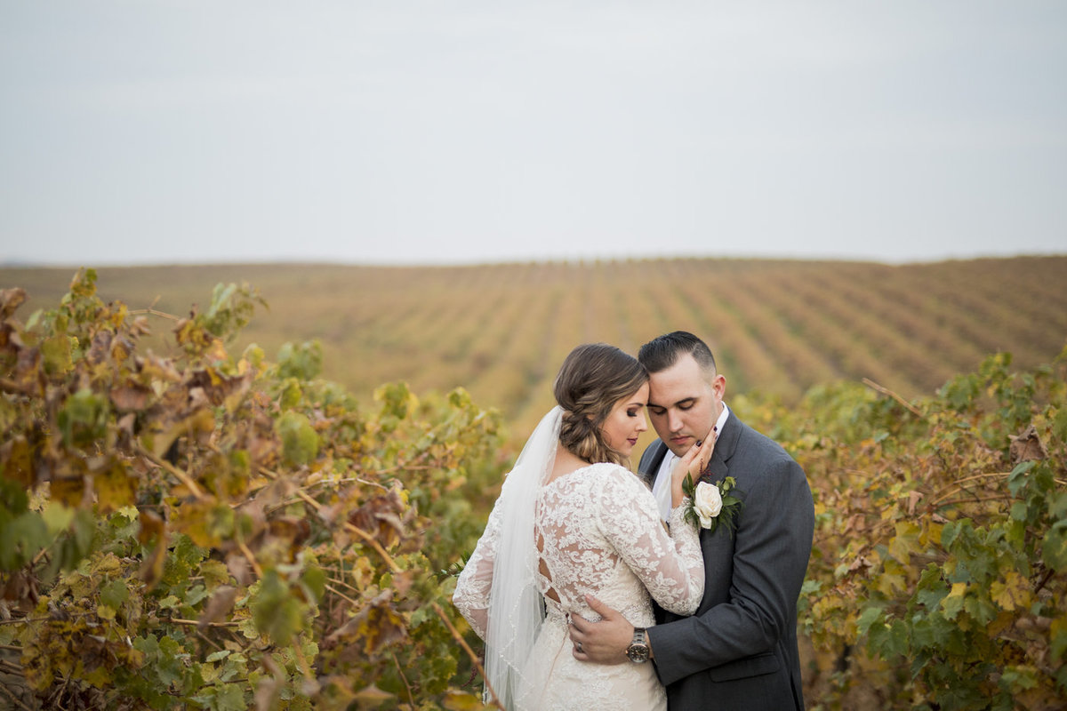 Wedding Photography, bride and groom embracing in an open field