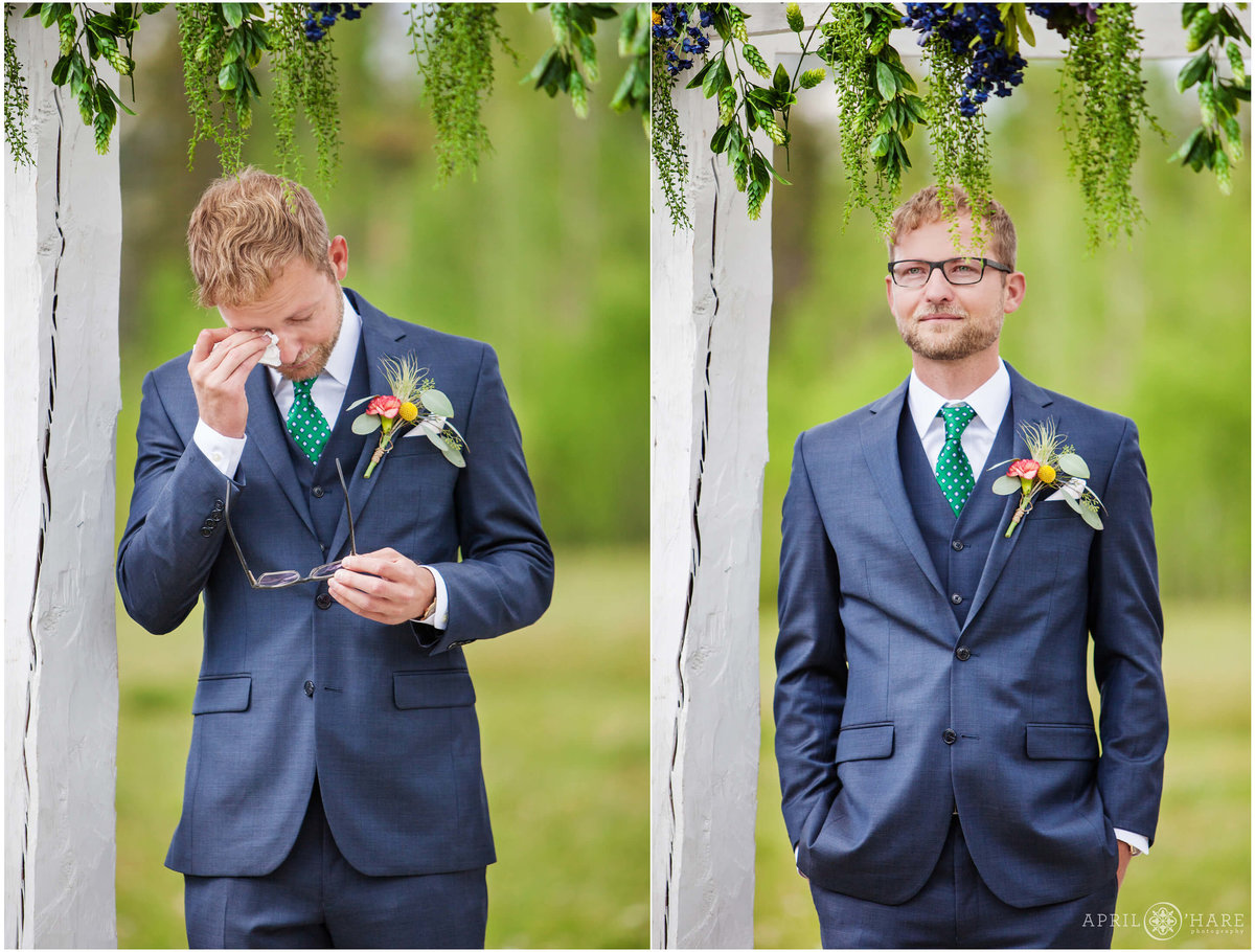 Groom's emotional reaction to seeing bride at B Lazy 2 Ranch in Fraser Colorado