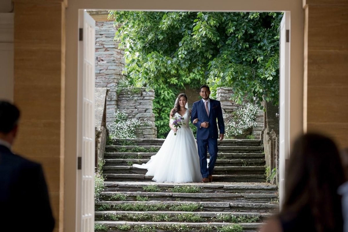 Bride arriving at Orangery Hestercombe Gardens to get married