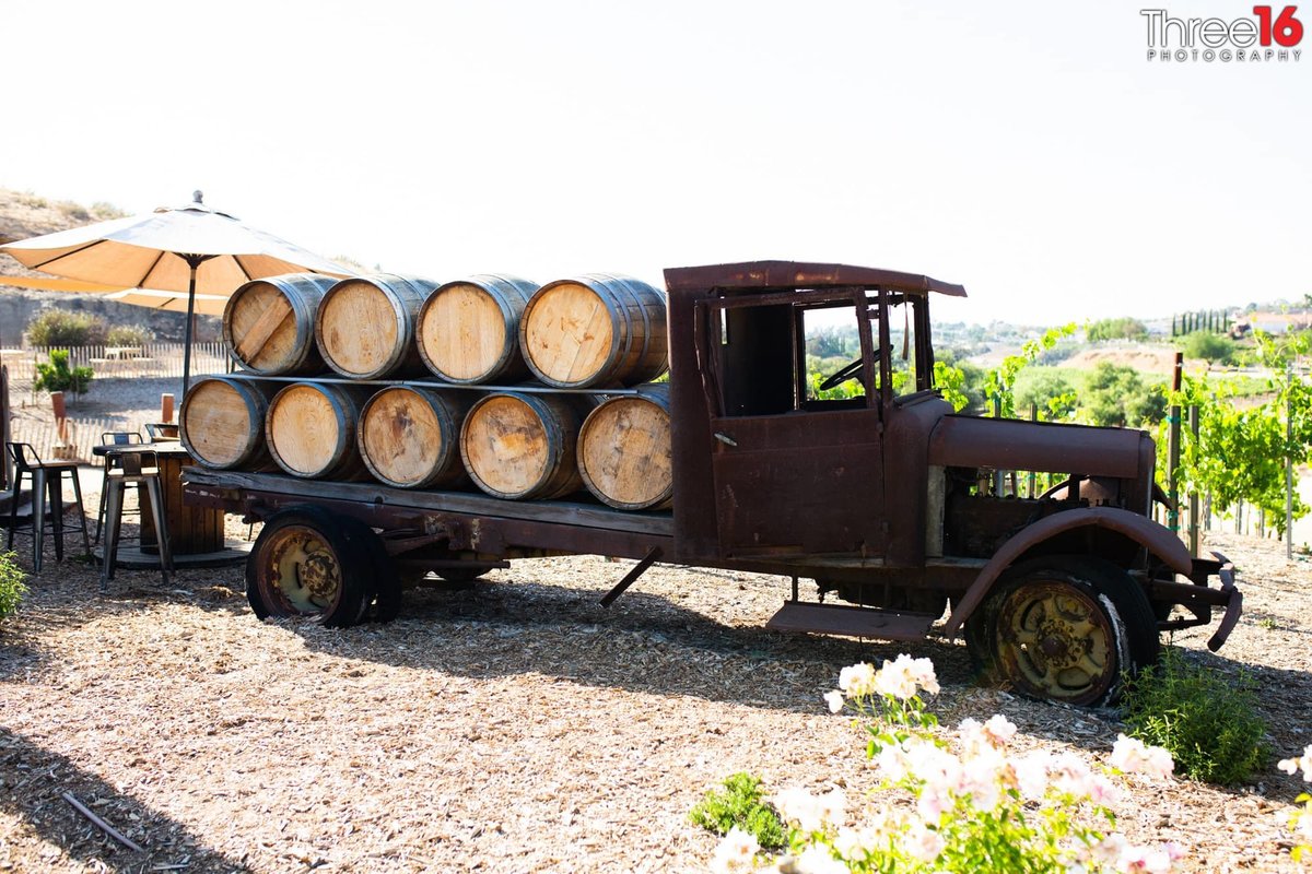 Truck with wine barrels at Peltzer Winery Wedding Venue