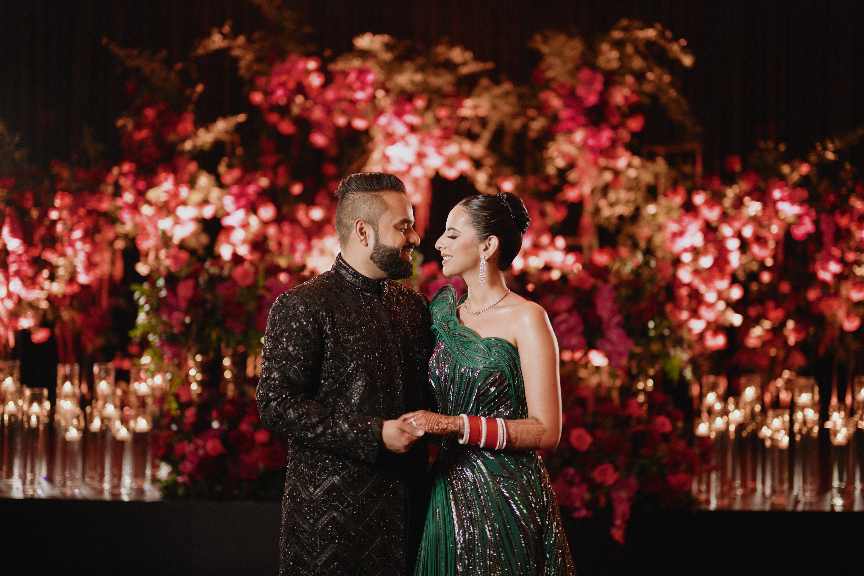black-gold-pink-burgundy-wedding-reception-bride-green-gaurav-gupta-structured-gown